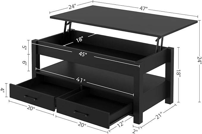 Rolanstar Coffee Table, Lift Top Coffee Table with Drawers and Hidden Compartment, Retro Central Table with Wooden Lift Tabletop, for Living Room, Black
