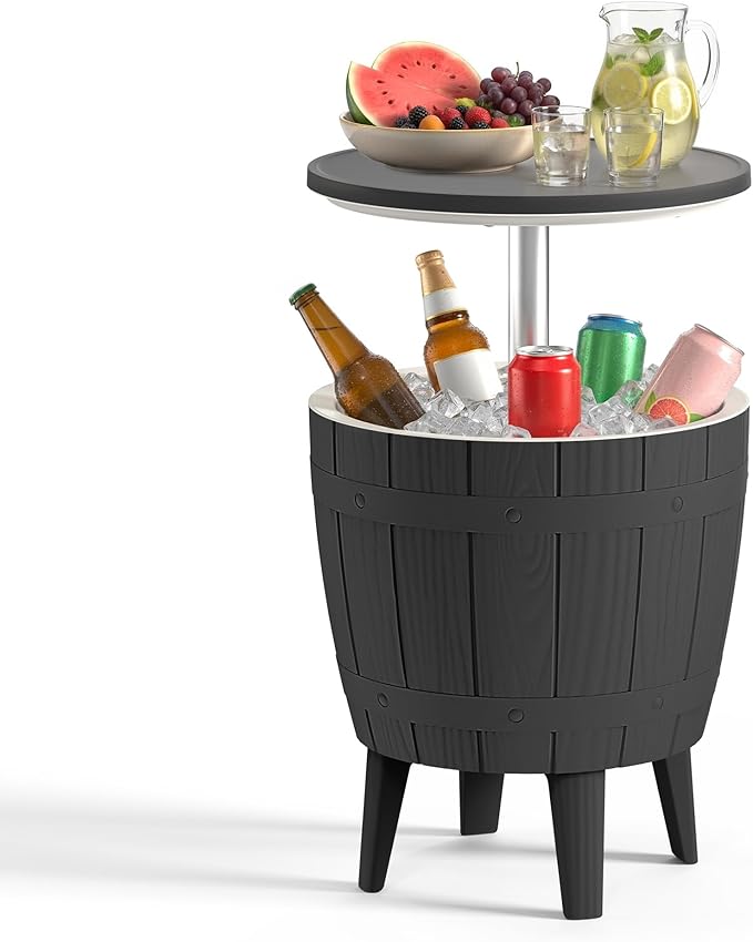 EasyUp Outdoor Resin Ice Bucket & Beverage Cooler-Patio Cooler Table with UV Protection,Wood-Look Side Tables for Your Patio, Picnic, and Beach Party (Black)