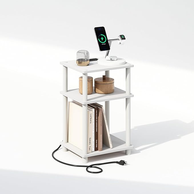 Furinno JUST Night Stand, 3-Tier Turn-N-Tube Nightstand with Charging Station, Bedside Table, End Table, Side Table with USB and Type-C Port, for Bedroom, Closet, Dorm, White