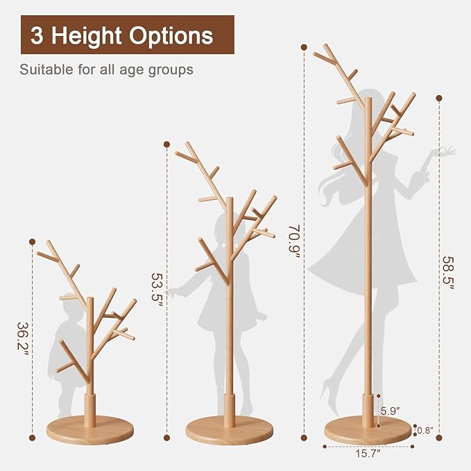 Muwuele Coat Rack,Solid Wood Coat Rack Freestanding with 12 Hooks,Coat tree freestanding 3 Adjustable Heights for coat, Hats, Handbags，Coat Stand for Entryway,Bedroom (Natural)