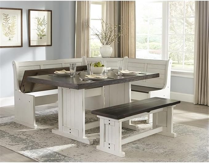 Pemberly Row Wood Breakfast Nook Set, Off White and Dark Brown Finish, Mahogany Base, Hidden Storage Benches, Reversible Design, Two-Toned European Cottage Style Dining Set for Small Spaces
