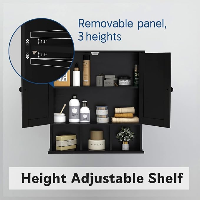 TaoHFE Black Bathroom over the Toilet Storage Cabinet, Wall Medicine Cabinet Organizer with 2 Door Adjustable Shelves, Wooden Modern Bathroom Shelves Wall Mounted Laundry Room, 21L x 5.1W x 23H Inches