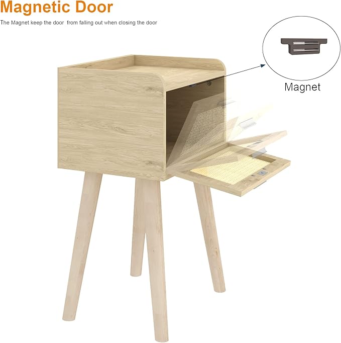 LAATOOREE Nightstand Set of 2, Small Bedside Table, End Table with Rattan Door, Boho Side Table with Solid Wood Legs for Bedroom Living Room Small Space