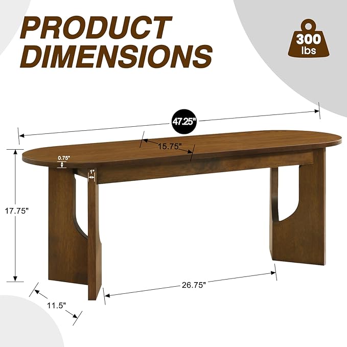 VESCASA 47.25" L Walnut Wood Oval Bench, Solid Wood Dining Bench with Wooden Legs for Dining Room, Restaurant, 1 Piece