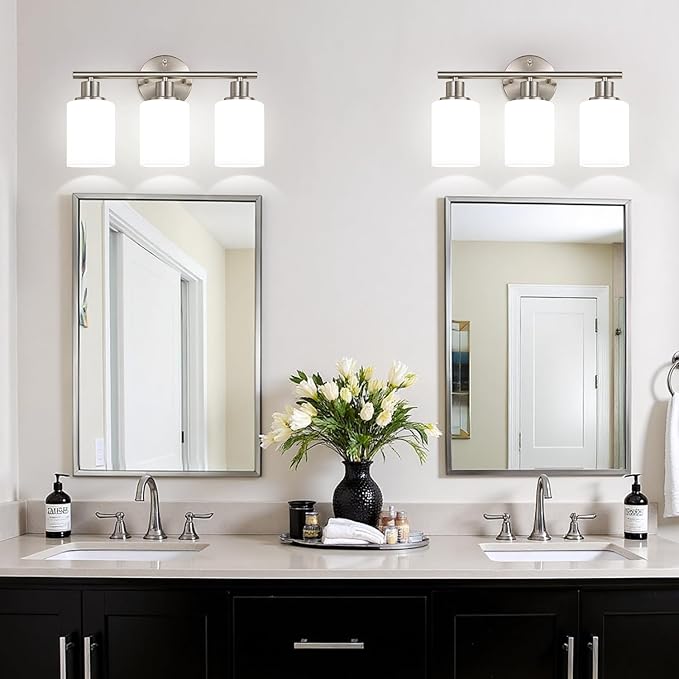 Zarbitta 3-Light Bathroom Light Fixtures, Brushed Nickel Vanity Light, Farmhouse Wall Lights with Milky White Frosted Glass Shades, Bathroom Wall Lamp for Mirror Kitchen Bedroom Hallway Living Room