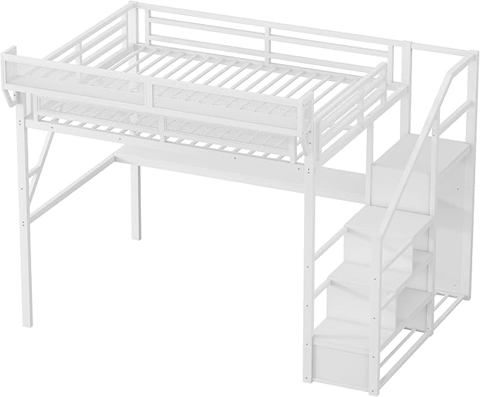 Mirightone Queen Loft Bed with Desk and RGB Light, Metal Loft Bed Frame with Stairs and Bedside Shelf, Heavy-Duty Lofts Beds with Storage Shelves and Wardrobe for Kids Teens, White