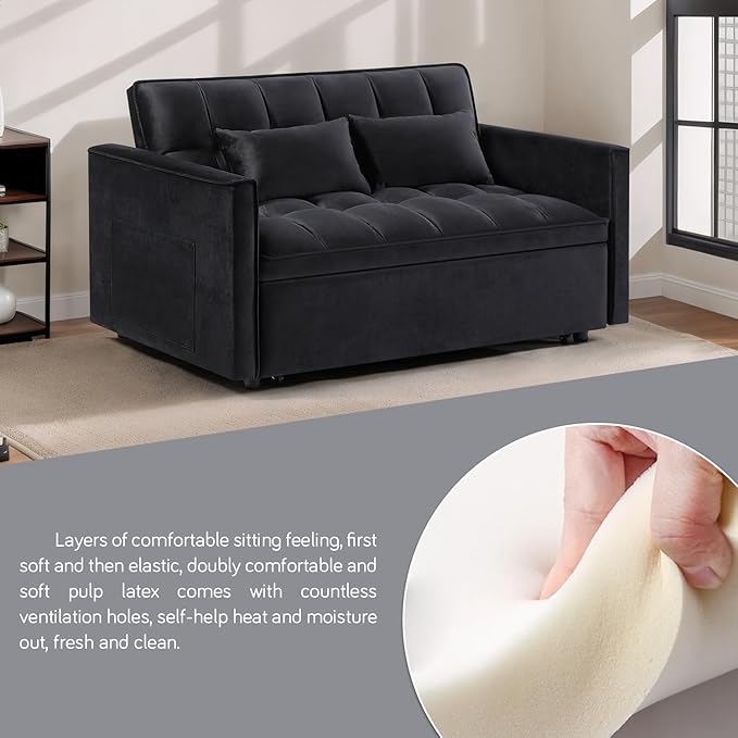 3 in 1 Convertible Sleeper Sofa Bed, 54'' Full Size Velvet Pull Out Futon Couch Recliner with Reclining Backrest & 2 Pillows, Small Loveseat Lounge Couches for Small Spaces (Black)