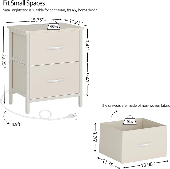 Vagusicc Nightstand Set of 2 with Charging Station, End Table Bedside Table with Power Outlet & USB Ports, Side Table with 2 Fabric Drawers for Bedroom, Living Room, Beige