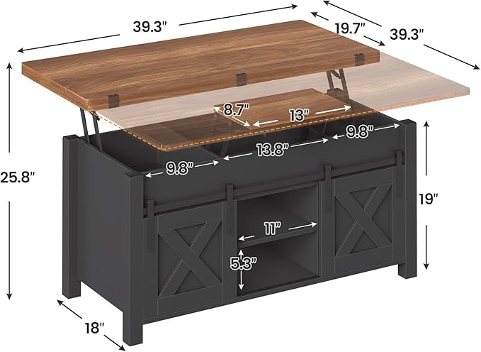 SEDETA Lift Top Coffee Table, 4 in 1 Multi-Function Convertible Coffee Tables with Storage and Hidden Compartment, Farmhouse Coffee Table Converts to Dining Table for Living Room, Black Brown