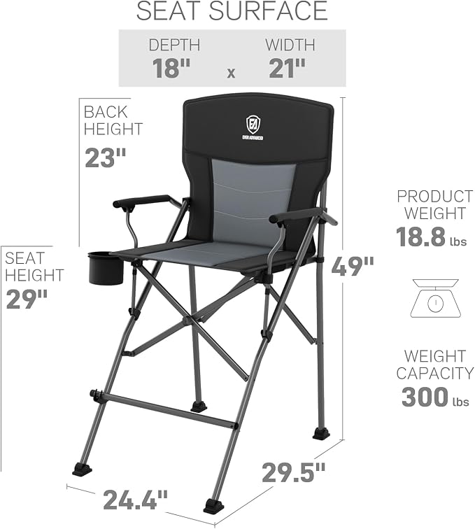 EVER ADVANCED Tall Camping Directors Chair with Cup Holder 31", Bar Height Folding Chair for Camping, Sports with Carry Bag, Mesh Pockets and Footrest, Heavy Duty 300 lbs, Black