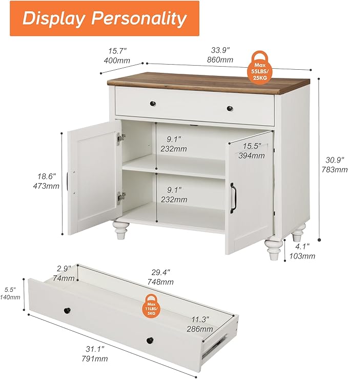 WAMAPT Buffet Cabinet with 8 Doors and 4 Drawers, Large Coffee Bar Table Wood Kitchen Storage Cabinets, Modern Farmhouse Sideboard Credenza for Dining Room, Off White