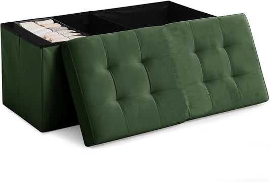 HAUSFRAU 31.5 Inches Ottoman with Storage Bench, Folding Ottoman Bench Small Foot Rest Stool, Bedroom Bench with Flipping Lid, Velvet Olive Green