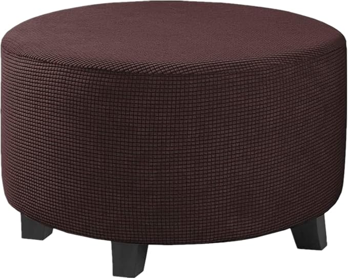 Stretch Ottoman Slipcover – Round Furniture Protector Fits 24"-29" Dia, for Footrests, Storage Ottomans & Folding Stools – Elastic Fabric Cover (Brown, Large)