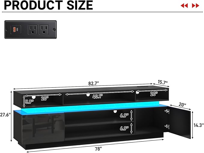 chartustriable LED TV Stand for 95 Inch TV, Modern Tall Entertainment Center with Power Outlets, High Gloss TV Stand, Gaming TV Media Console for Living Room, 83 Inch, Black