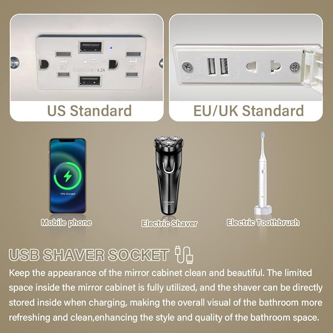 LED Medicine Cabinet,Bathroom Mirror Cabinet with Lights,30×32inch,Equip with Internal Light,Aluminum Construction,USB Shaver Socket,3 Color,Dimmer,Demister,Surface Mounted and Recess Mounted