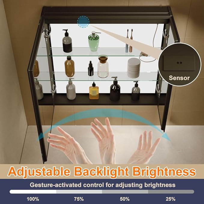 KWW LED Lighted Bathroom Medicine Cabinet with Backlit Panel, Sockets & USBs. Anti-Fog, Dimmable, 3 Color Light Makeup Mirror, Easy to Install, Wall Mounted (Inner Glow-2 door-30 * 28)