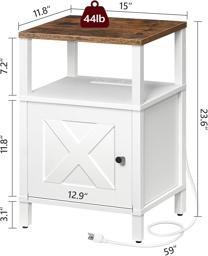 MAHANCRIS Farmhouse Nightstand with Charging Station, White Night Stand End Table with USB, Bedside Table with Storage Cabinet, Modern Side Table for Bedroom, Small Space, Rustic Brown ETRW96E01