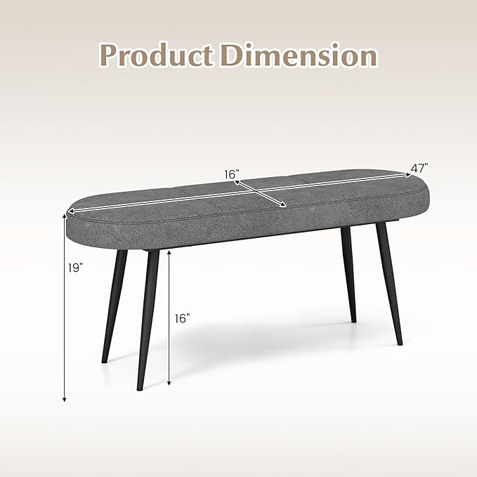 Giantex 47 inch Entryway Bench - End of Bed Bench, Upholstered Bench for Bedroom with Metal Legs, Padded Seat, Long Ottoman for Dining Room, Living Room, Bedroom, Hallway (Gray)