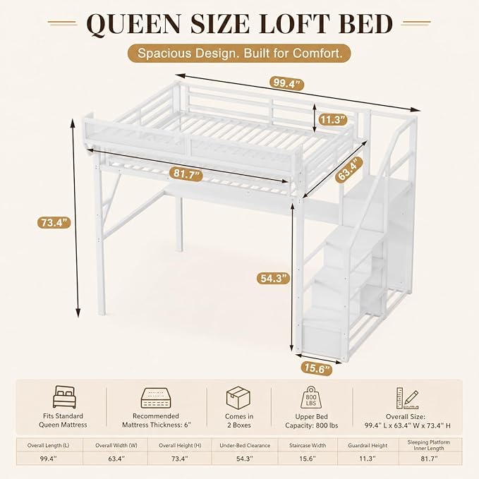 Mirightone Queen Loft Bed with Desk and RGB Light, Metal Loft Bed Frame with Stairs and Bedside Shelf, Heavy-Duty Lofts Beds with Storage Shelves and Wardrobe for Kids Teens, White