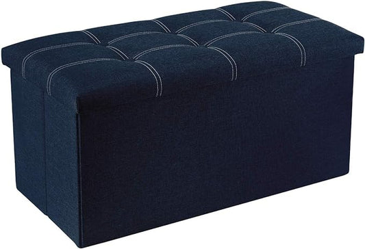 YOUDENOVA 30 Inch Storage Ottoman, Folding Ottoman with Storage, Linen Storage Ottoman Bench Supports Up to 350 lbs, Footrest Seat for Living Room, Bedroom, Blue