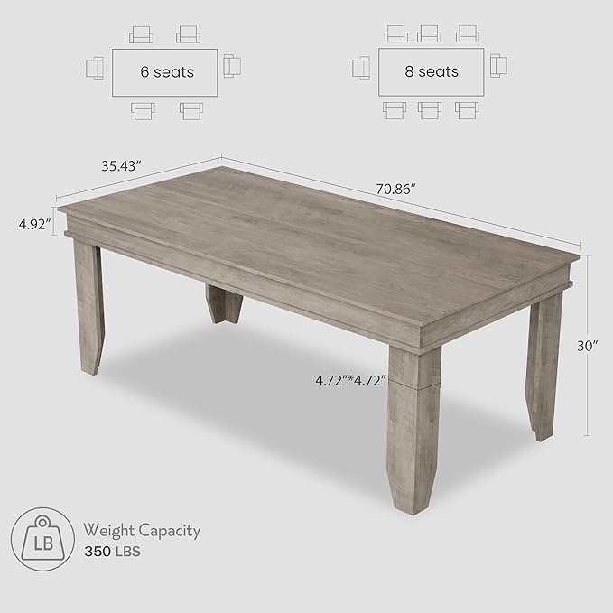 GarveeHome Farmhouse Dining Table for 6-8 People, 71 in Long Kitchen Tables with Wooden Sturdy Frame, 6 ft Large Rectangular Dinner Table for Dining Room, Kitchen, Grey, 71" Non-extendable
