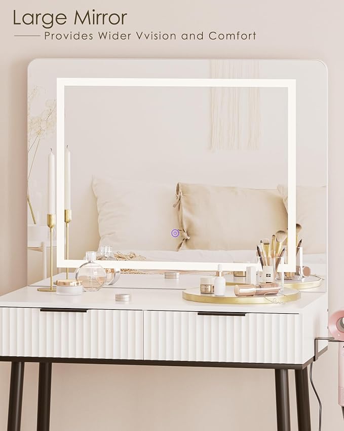 Vanity Desk with Large Mirror and Lights, Small Makeup Vanity Table with 2 Drawers, Dressing Table with 3 Adjustable Lighting Color, Small Makeup Desk for Bedroom, White with Black Leg