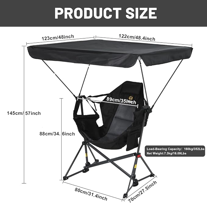 Nice C Hammock Camping Chair with Canopy, Portable Swinging Camping Chair with Shade, Outdoor Folding Swinging Umbrella Chairs, Rocking Camping Chairs, with Adjustable Canopy, Cup Holder (1 Pack)