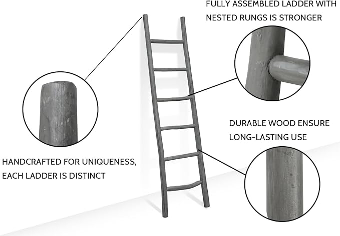 FUIN Fully Assembled 6ft Wood Blanket Ladder Living Room Decorative Wall Leaning Farmhouse Quilt Display Holder Rustic Wooden Towel Rack for Bathroom, Gray