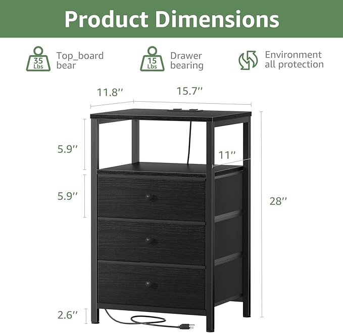 BOLUO Black Night Stand with 3 Fabric Drawers, Nightstand with Charging Station LED Nightstand for Bedroom, Bedside Table with USB Ports and Outlets Modern