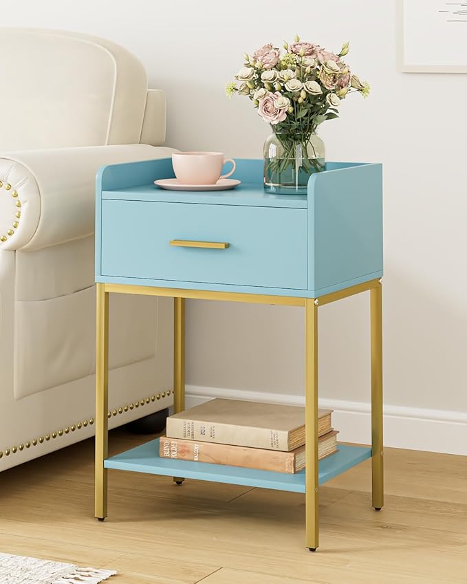 Nightstand,Modern Bedside Table Night Stand with Storage Drawer and Open Shelf,Small End Side Table for Bedroom,Living Room,Blue