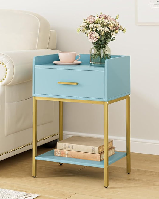 Nightstand,Modern Bedside Table Night Stand with Storage Drawer and Open Shelf,Small End Side Table for Bedroom,Living Room,Blue