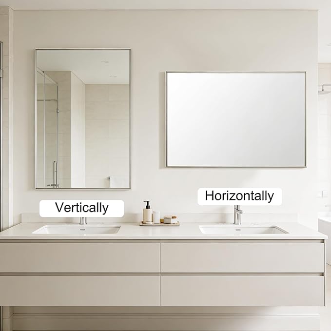 Bathroom Mirror for Wall, 36x24 Inch Metal Framed Mirror, Brushed Nickel Rectangle Mirror, Bathroom Vanity Mirror Farmhouse, Tempered Glass, Anti-Rust, Hangs Horizontally or Vertically