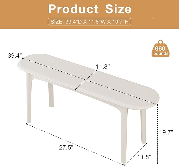 DONGMUWUEJEE 100% Solid Wood Dining Bench, Wood Bench for End of Bed with Rounded Corners, Entryway Benches for Farmhouse, Kitchen, Living Room and Plant Stand (White, 39.4" D x 11.8" W x 19.7" H)