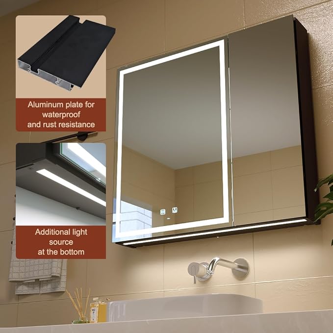 KWW LED Lighted Bathroom Medicine Cabinet with Backlit Panel, Sockets & USBs. Anti-Fog, Dimmable, 3 Color Light Makeup Mirror, Easy to Install, Wall Mounted (Inner Glow-2 door-30 * 28)