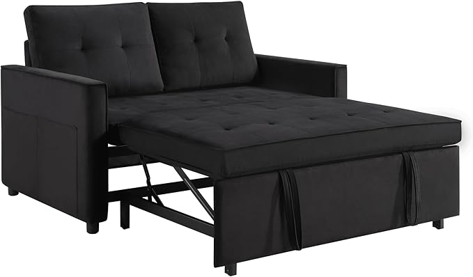 Sofa Bed, Pull Out Couch with Side Pockets, 3 in 1 Velvet Fabric Loveseat Sleeper Sofa Bed, Pull Out Couch with Adjustable Backrest for Living Room, Bedroom, Apartment, Black, 53 Inch