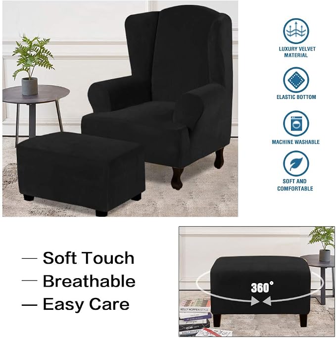 H.VERSAILTEX Real Velvet Plush 1 Piece Form Fit Stretch Rectangle Folding Storage Covers Ottoman Slipcovers Removable Footstool Protect Footrest Covers Elastic Bottom, Machine Washable(Large, Black)