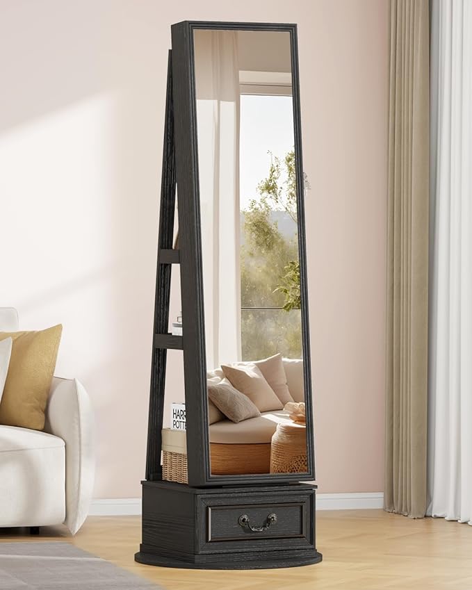 Vlsrka Mirror Jewelry Cabinet Standing, 360° Swivel Jewelry Armoire with Full Length Mirror, Lockable Mirror with Jewelry Storage, 3-Color LED Lights, Foldable Makeup Shelf, Black