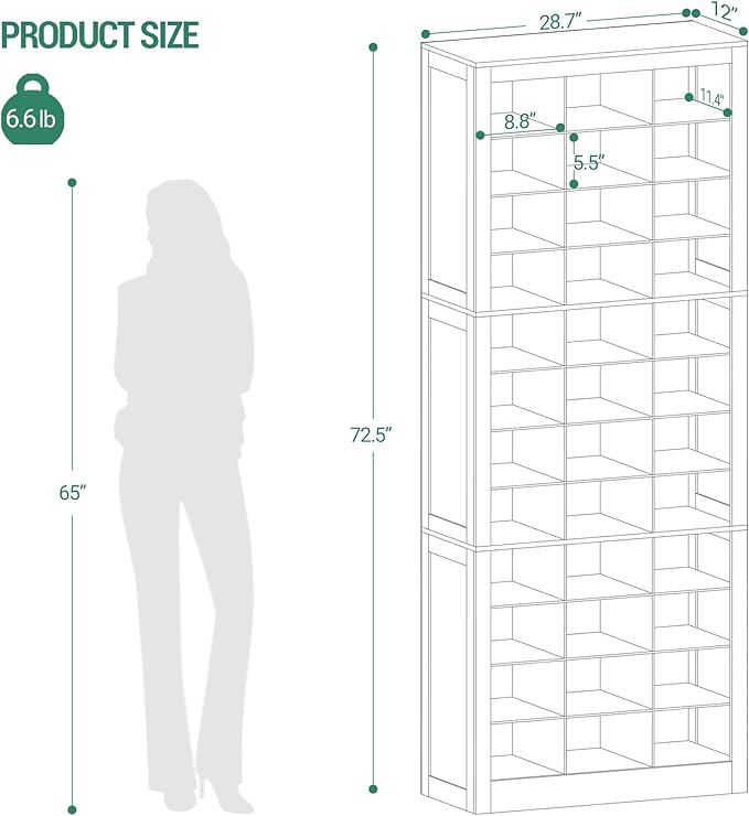 Hzuaneri Shoe Storage Cabinet, 36 Pairs Free Standing Closet Organizer, 9 inch Widened Cell Wood Shoe Organizer, 12 Tiers Vertical Space Saving Shoe Rack for Entryway, Cloakroom, White SR20703X