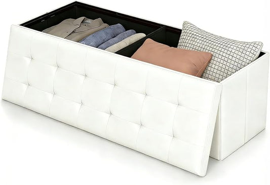Folding Storage Ottoman Bench, 45" Large Ottoman Space-Saving Bench,Faux Leather Storage Chest with Memory Foam,Footrest Padded Stool Seat for Bedroom Toy Chest, White,Leather