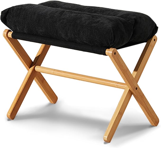 Baveke Ottoman Foot Rest- Bamboo Foldable Stool, Foot Stools Small Ottman with Upholstered & X Legs, Folding Stool for Makeup, Bedroom and Living Room, FSC-Certified (Black)