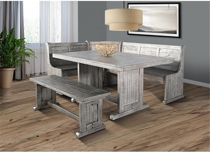 Pemberly Row 4-Pieces Dining Set Wood, Rectangular in Alpine Gray (36" H x 75" W x 56" D) for Kitchen, Dining Room with Table, Reversable Benches, and Storage Space