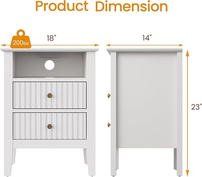 RoyalCraft White Nightstand with Charging Station, Fluted Night Stand for Bedroom, Small Sofa Table with 2 Storage Drawers Cabinet, Wood End Table for Bedroom