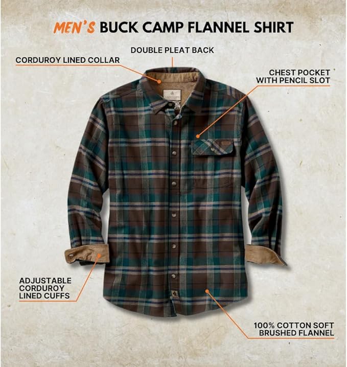 Legendary Whitetails Mens Long Sleeve Button Down 100% Cotton Flannel Shirt