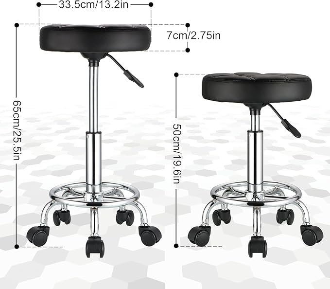 HMTOT Round Rolling Stools PU Leather Seat Height Adjustable Swivel Stool with Wheels Black