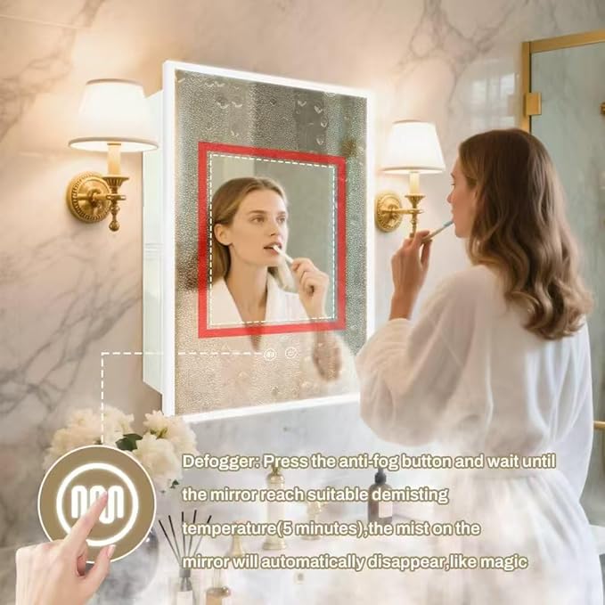 LED White Medicine Cabinet with Light,16×24inch,Recess Mirror Cabinet for Bathroom,3 Color,Dimmable,Demister,Detachable Side Plate,Recess Mount or Surface Mount