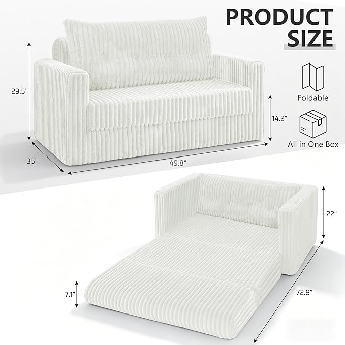 HABUTWAY 49.8" Loveseat Boneless Couch, 4-in-1 Convertible Sofa Bed, Plush Fur Folding Futon Sofa Bed Couches with a Pillow for Living Room, High-Density Foam Support, No Assembly Required, Beige