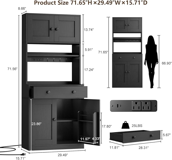 Korfile 71" Tall Kitchen Pantry Storage Cabinet with Power Outlet & LED Light, Freestanding Food Pantry Cabinet with 4 Doors and Shelves, Cupboard with Drawer, Hutch with Microwave Stand (Black)