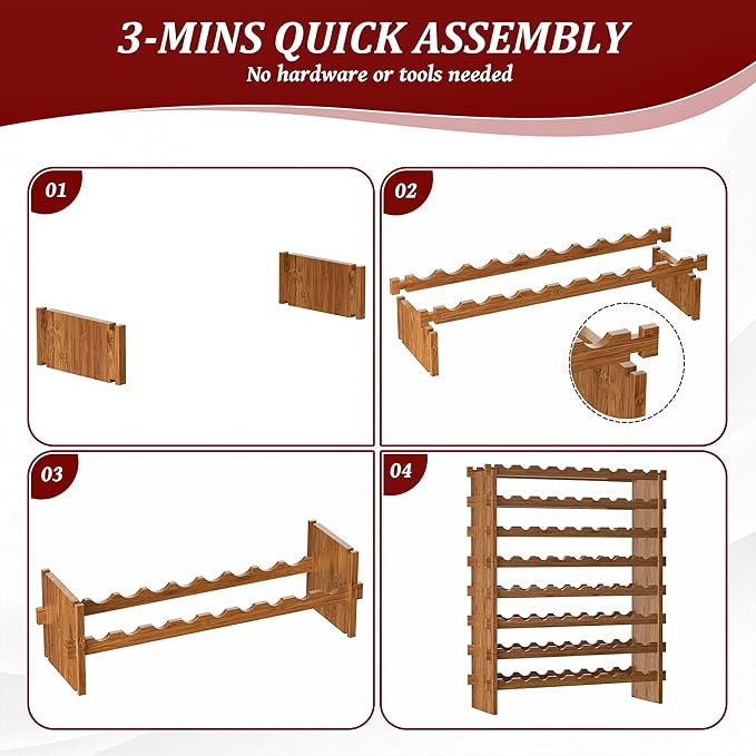 VASMIA Bamboo Stackable Wine Rack,72 Bottles Wine Rack Freestanding Floor,No Tools Assembly,8-Tier Display Wine Storage Shelf for Kitchen, Bar, Dining Room,Cellar,Walnut