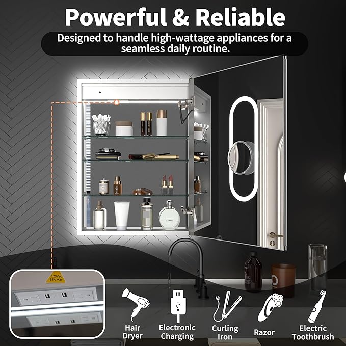 ExBrite 24 x 32 LED Lighted Medicine Cabinet with Mirror, Front & Backlit, Night Light, Clock & Temp Display, Defog, 5X Magnifier, 3-Color Dimmable LED, Surface/Recessed Mount, Hinge On the Right