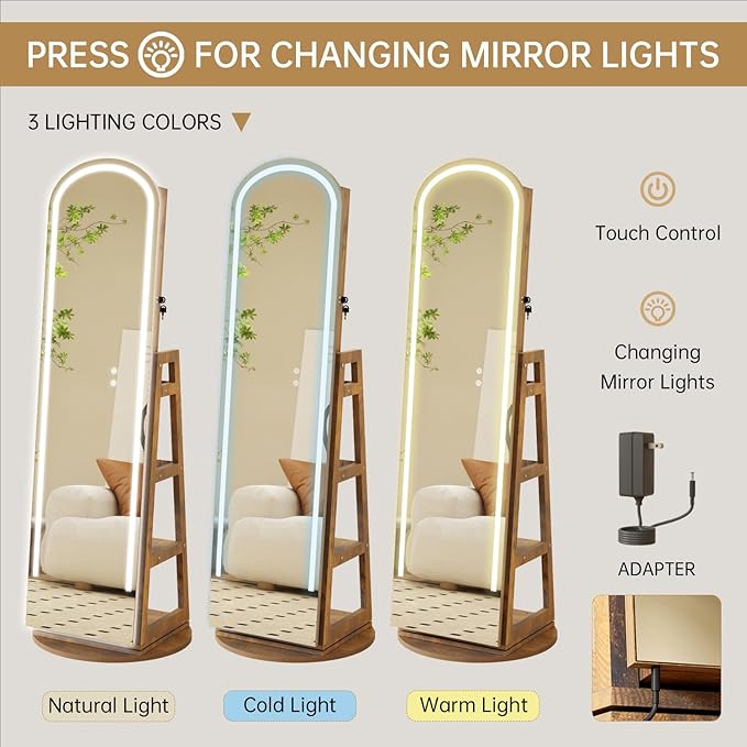 Arched Mirror Jewelry Armoire,3 Color LED Swivel Jewelry Storage Cabinet Interior LED Lights,Full Length Mirror Floor Standing Jewelry Organizer with Storage Shelves (Rustic Brown)